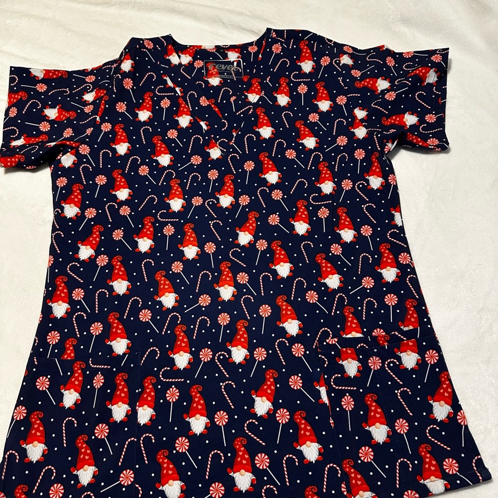 Unbranded  Blue Holiday Gnome Scrub Top with Red Accents